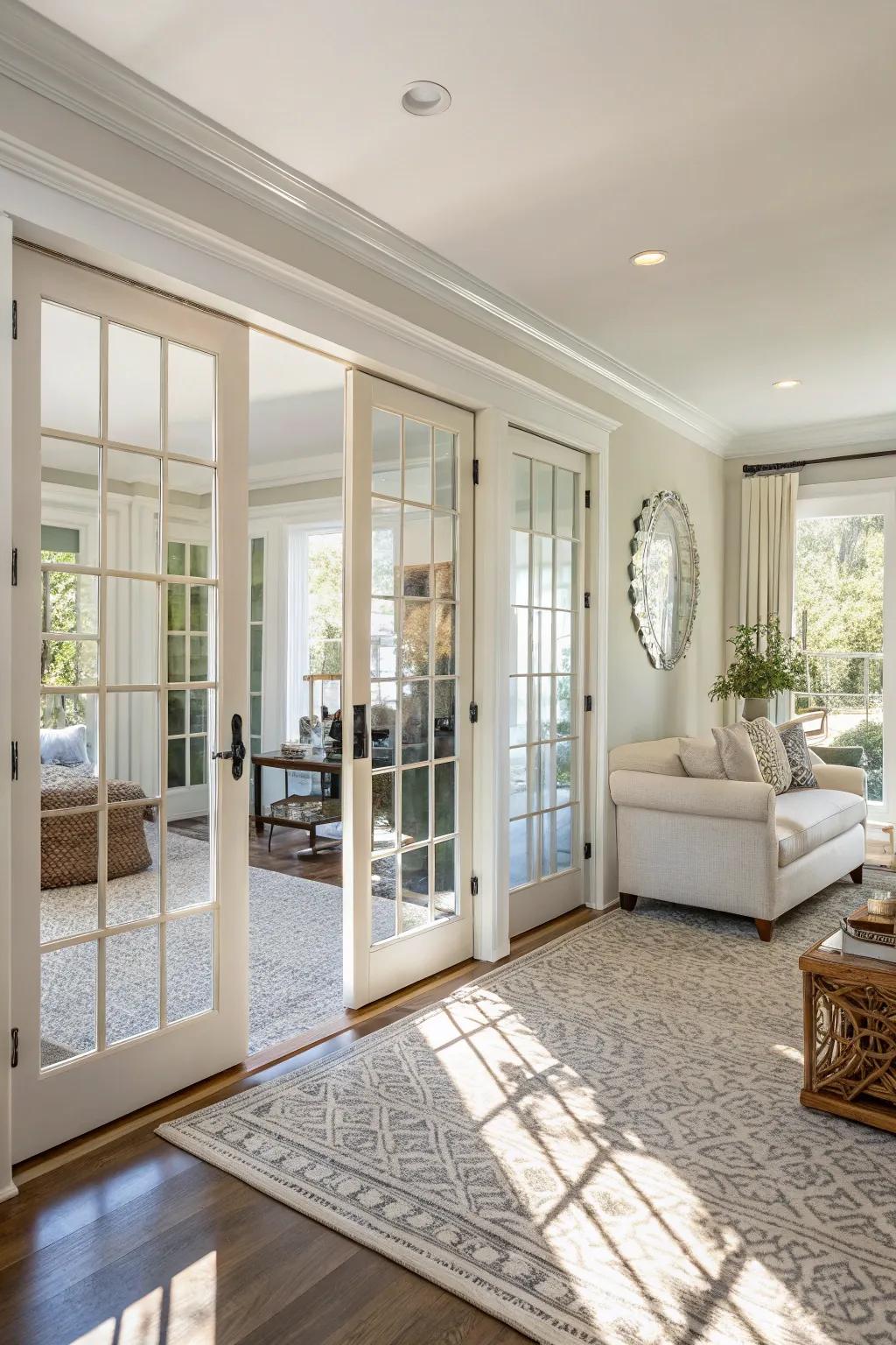 Mirrored doors amplify light and expand the feel of the room.