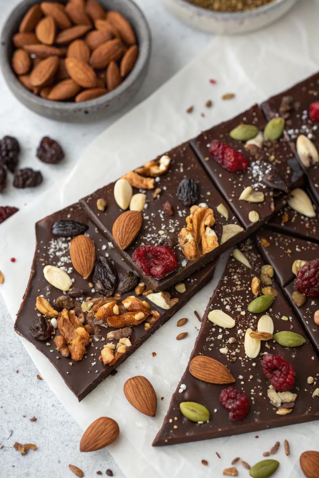 Cocoa fragment with kernels, seeds, and dehydrated fruits arrayed in a desert-inspired configuration.
