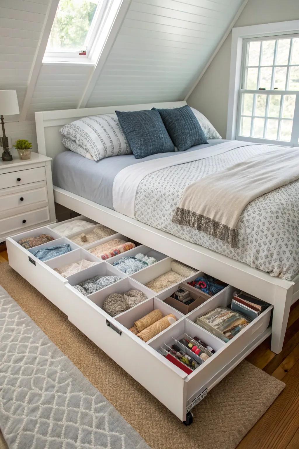 Under-bed storage helps to keep the bed area arranged diagonally organized.