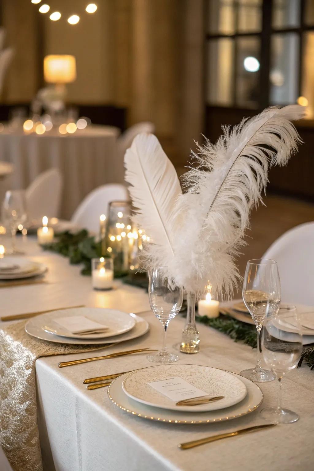 White feather accents add a touch of whimsy and elegance.
