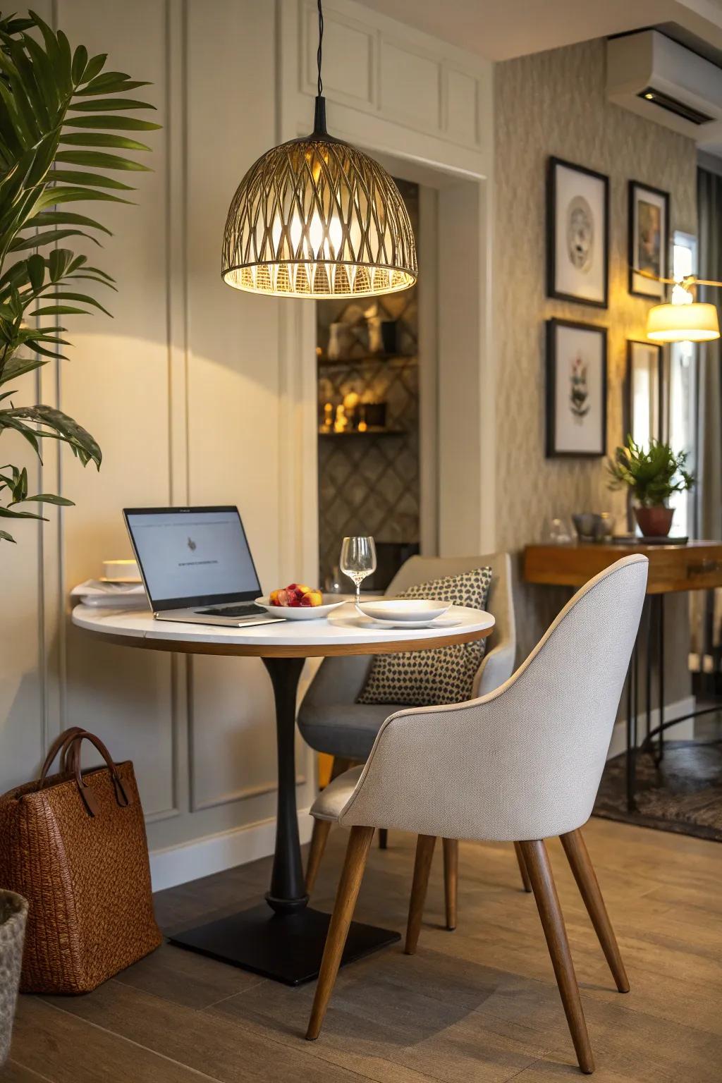 A compact work area blends seamlessly into the dining space's corner.