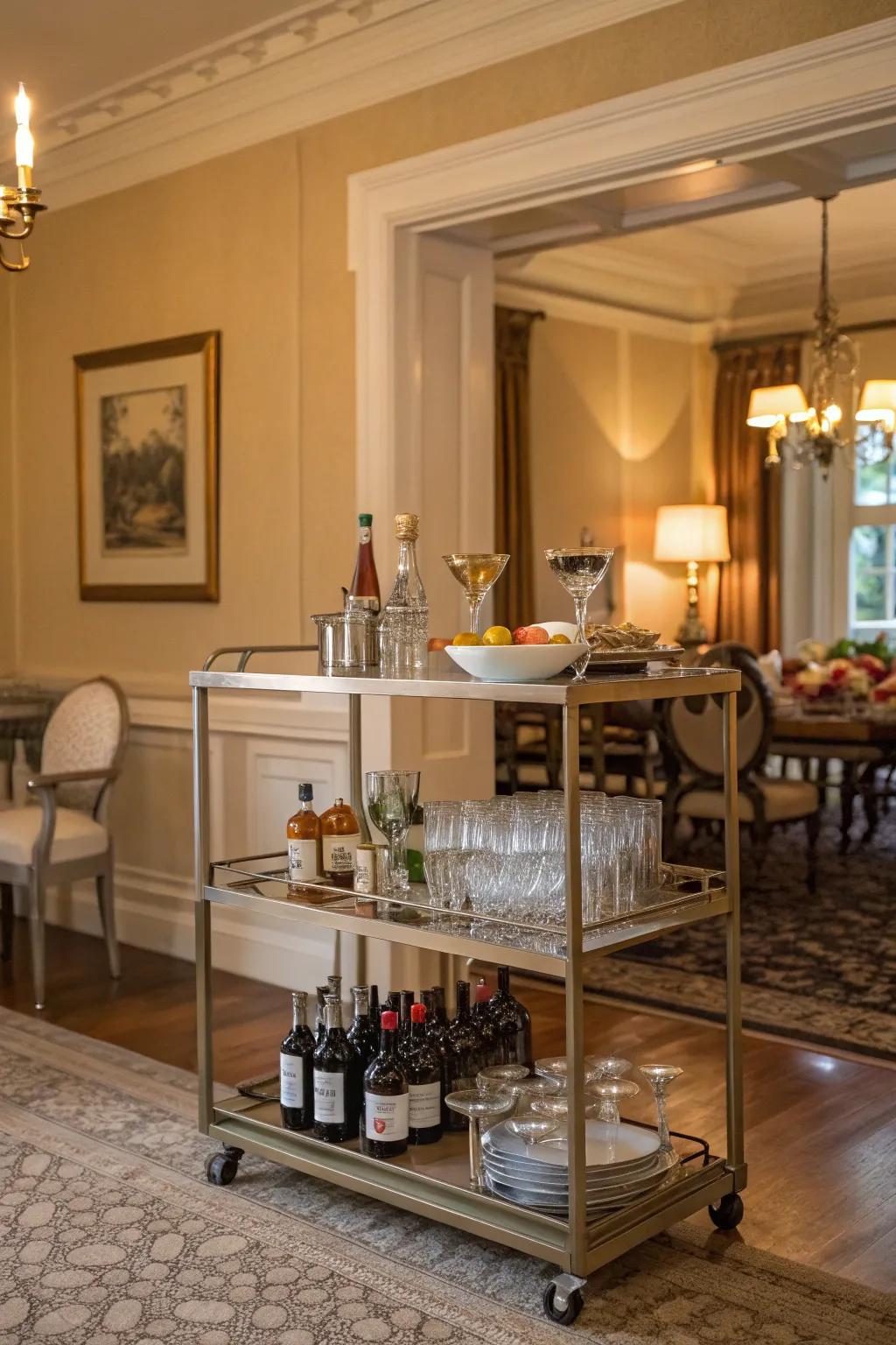 Portable bar carts infuse adaptability and style into your dining room.