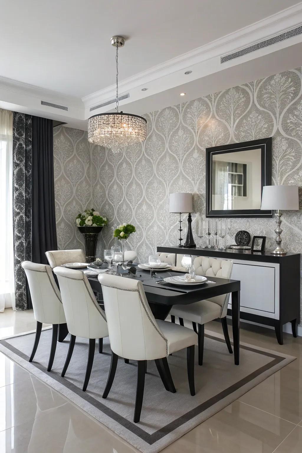 Monochrome patterns provide a sleek sophistication to this minimalist dining area.