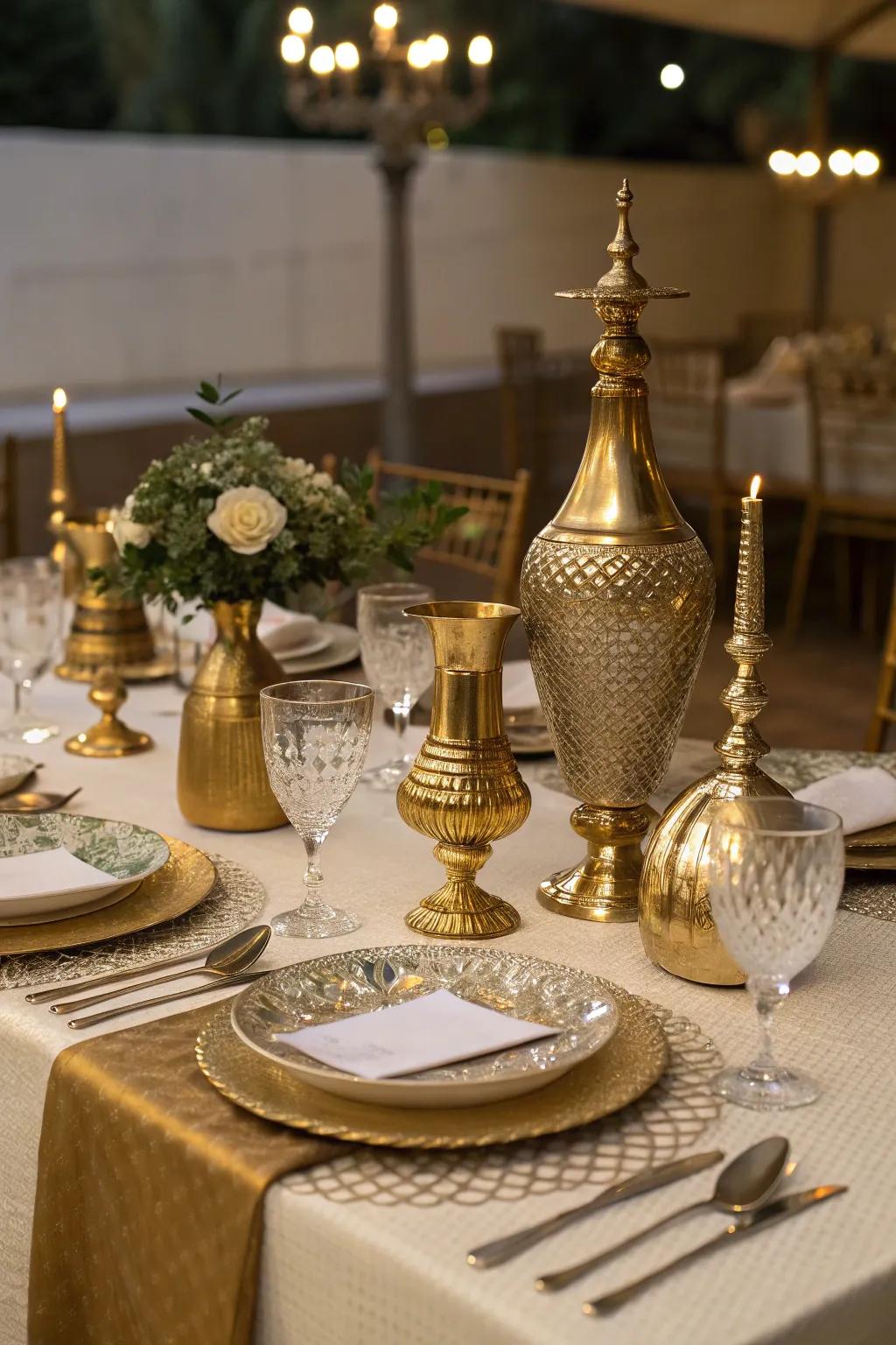 Metallic accents like gilded vases imparting a touch of opulence.
