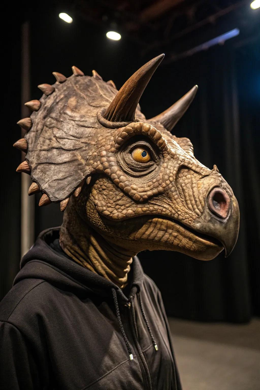 Enter a world of dreams with this outlandish dino mask where skill meets ingenuity.