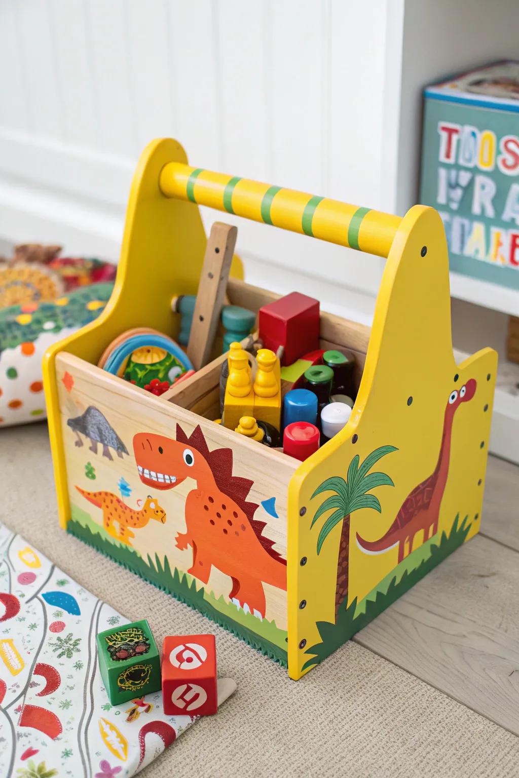 A dinosaur-themed toy caddy equipped for recreational gatherings.