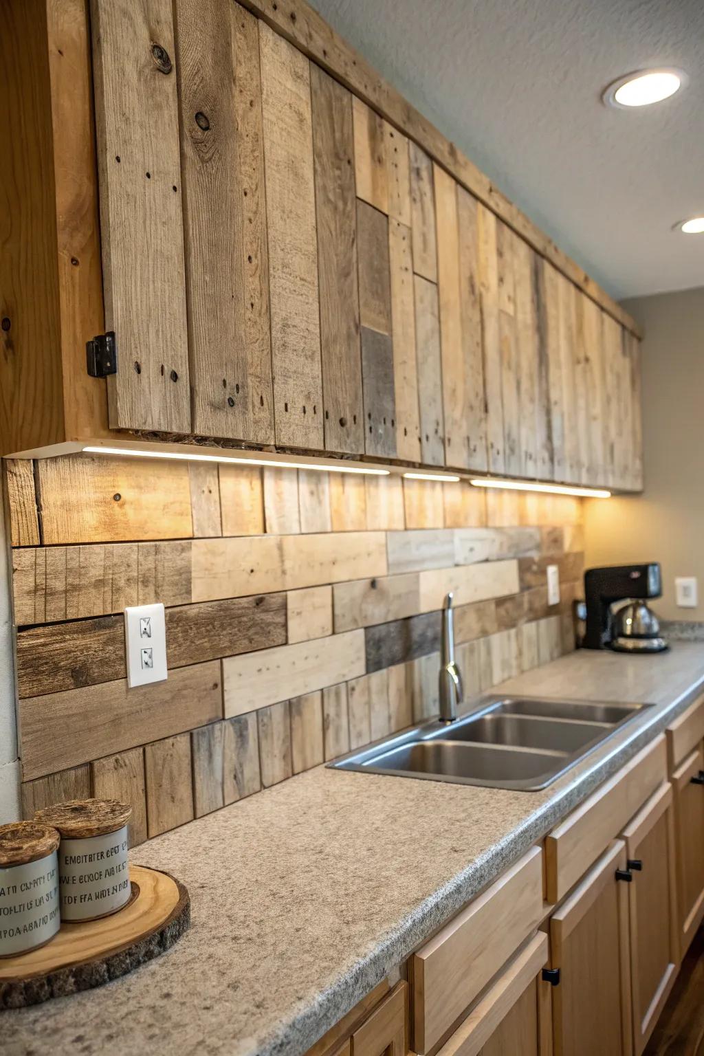 Timber pallets establish a natural and comfortable kitchen ambiance.
