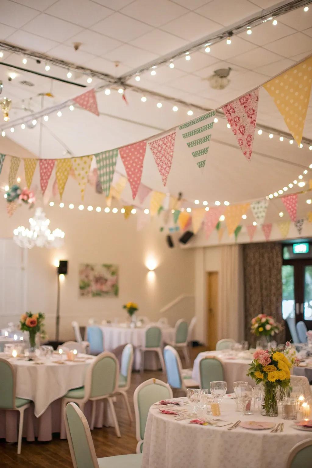 Whimsical string flags for a festive atmosphere.