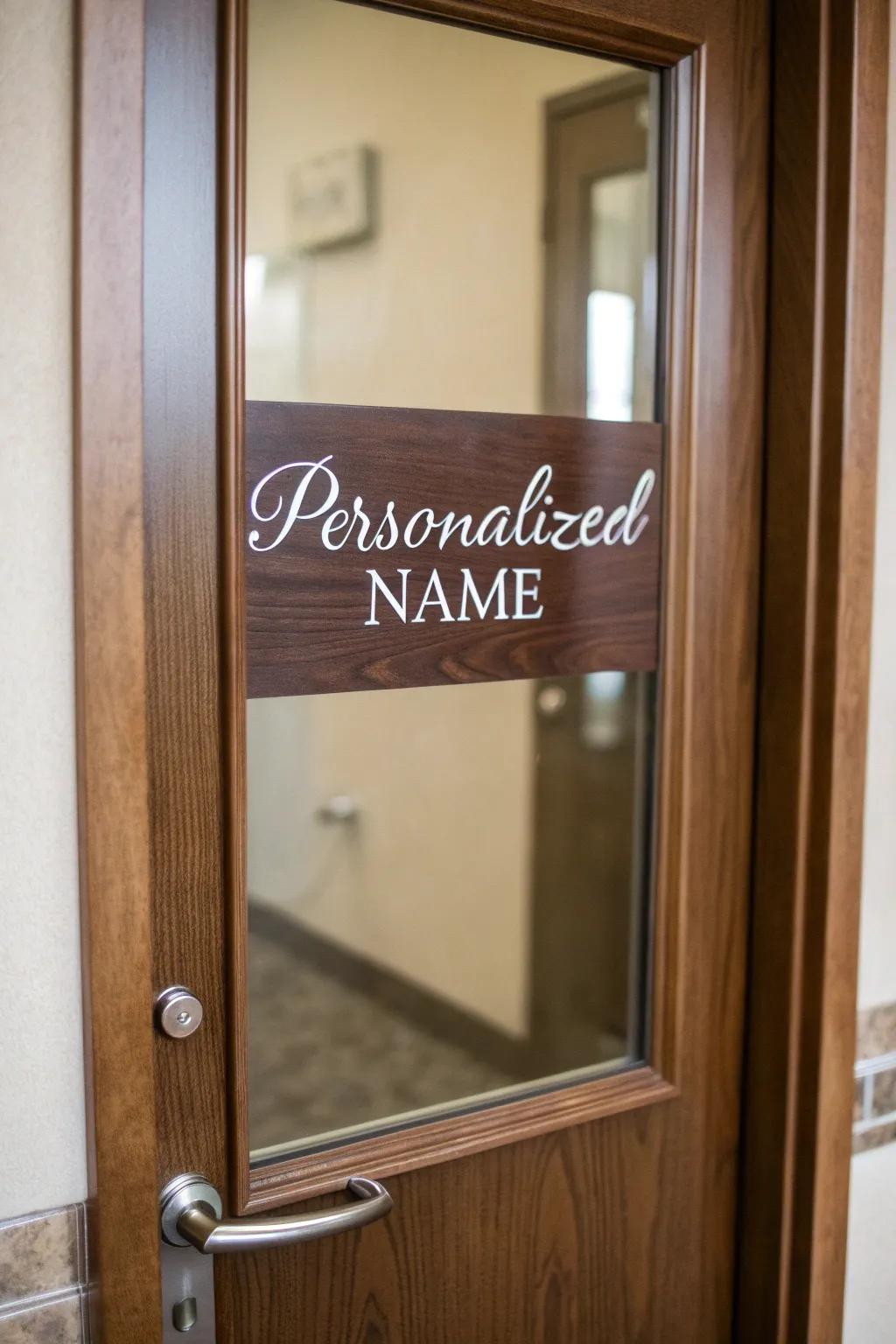 A personalized name plaque adds a welcoming touch to your door.