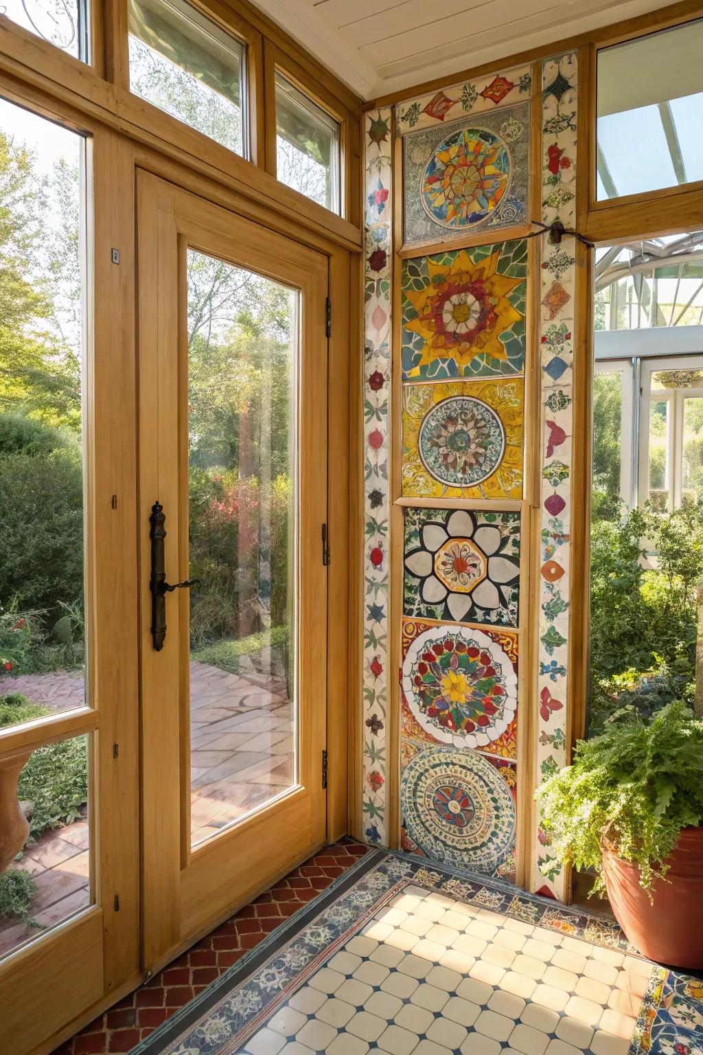 Joyous hue utilizing panels of eclectic mosaic.
