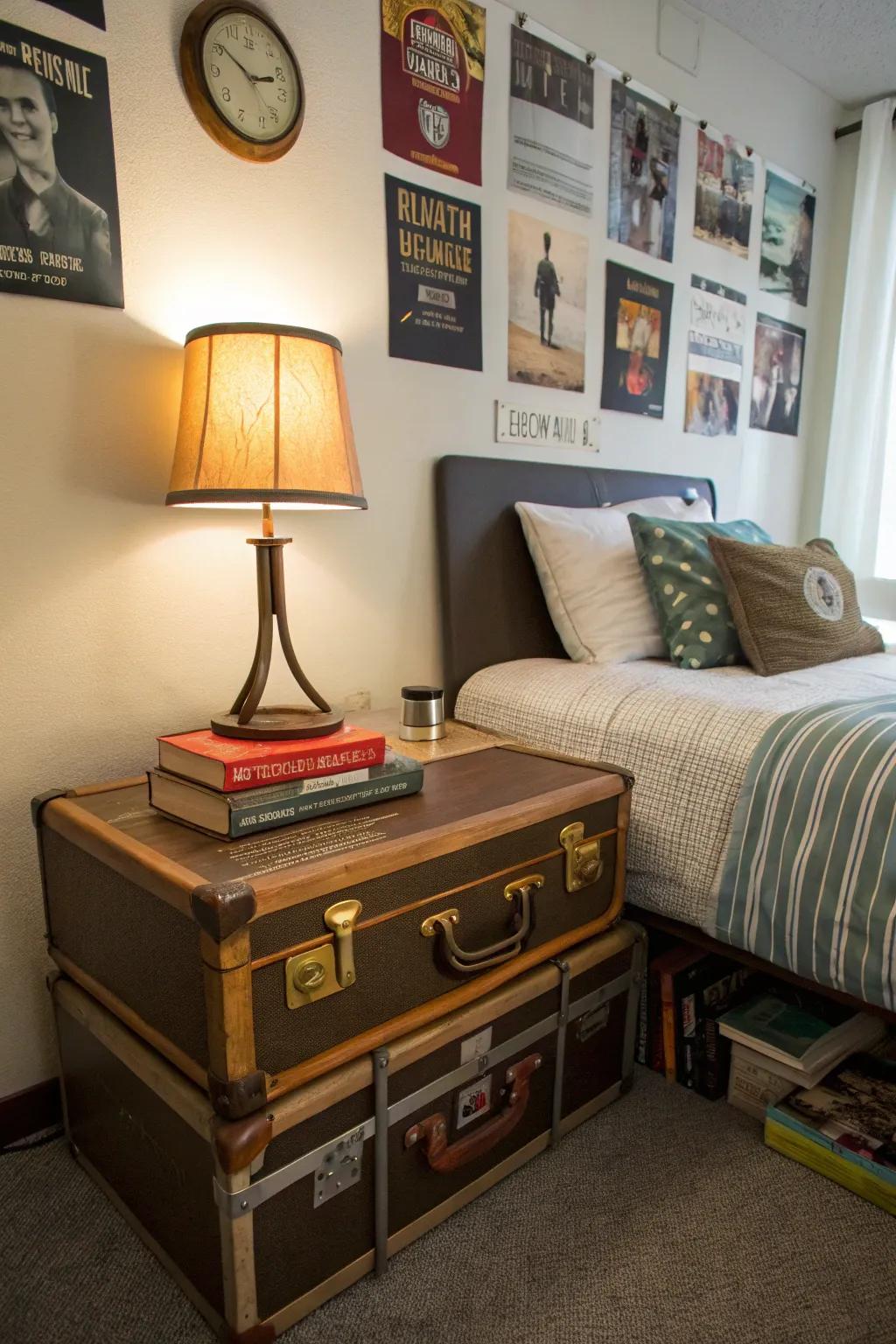 A vintage suitcase brings character and unique style to your residence room.