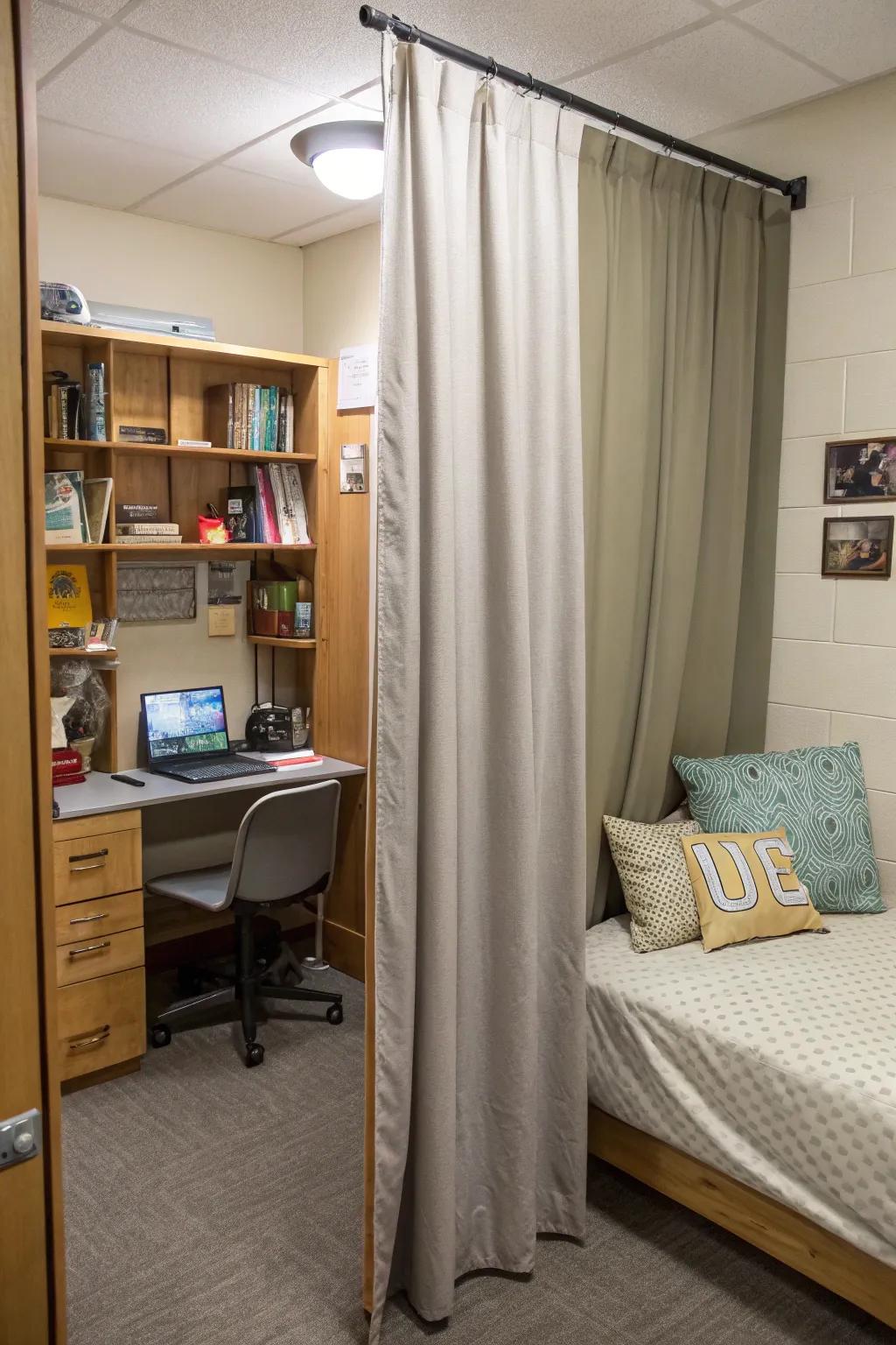 A partition curtain creates separate zones, offering privacy and organization.