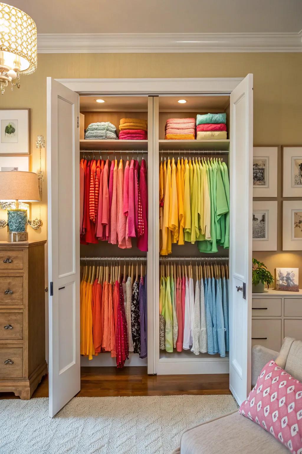 Color-coded sorting enlivens and optimizes a double closet.