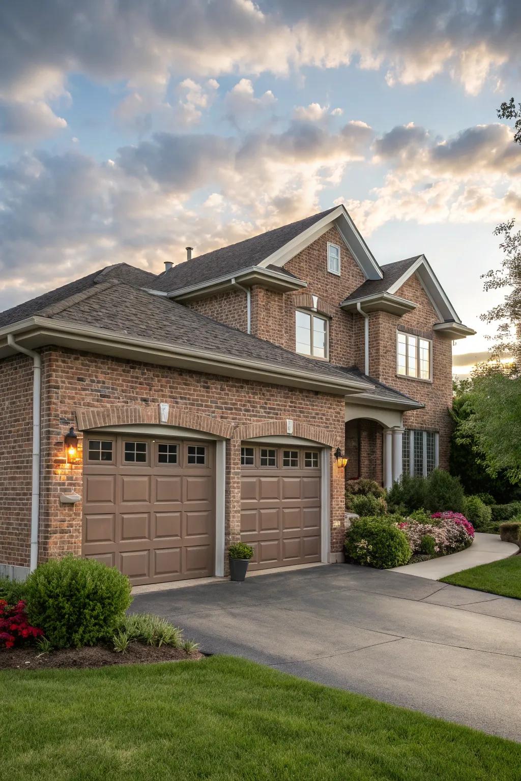 Brick-matching doors create a harmonious look.