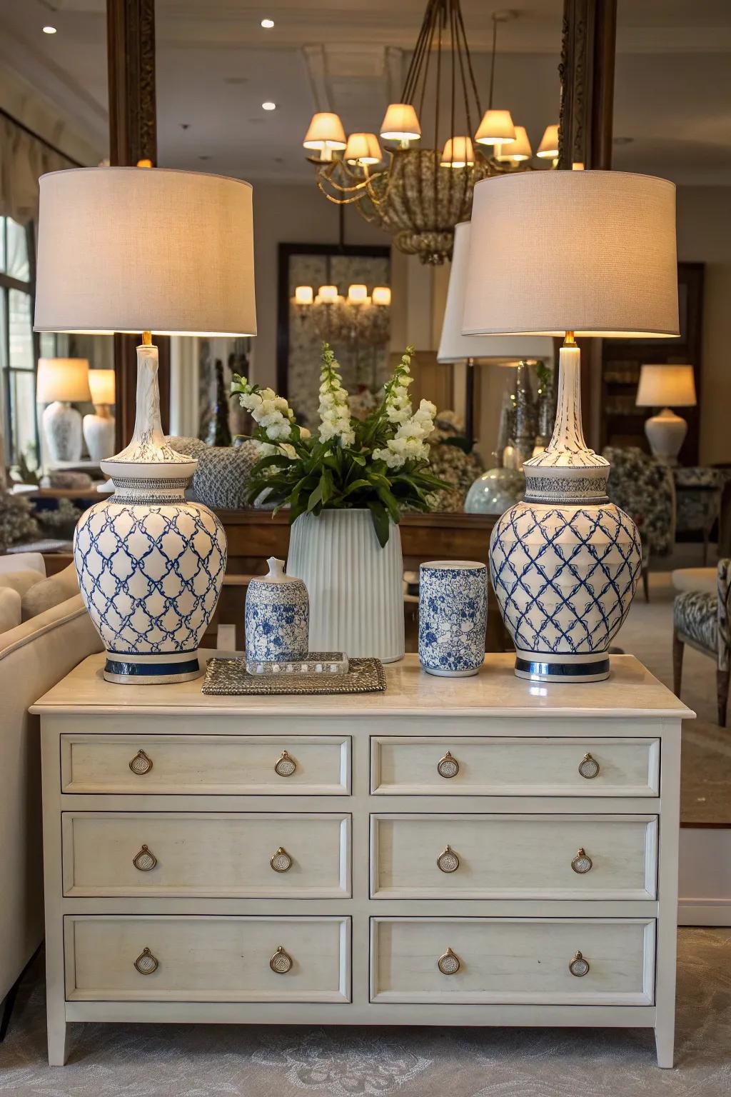 Symmetrical arrangements deliver elegance to the dresser.