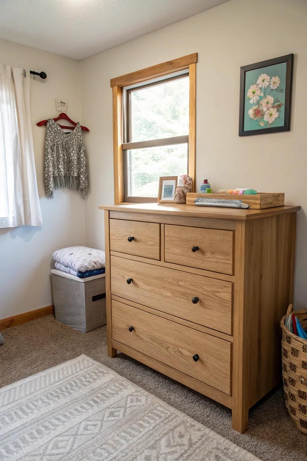 A raw timber shade dresser enhancing warmth and elegance in a small bedroom.