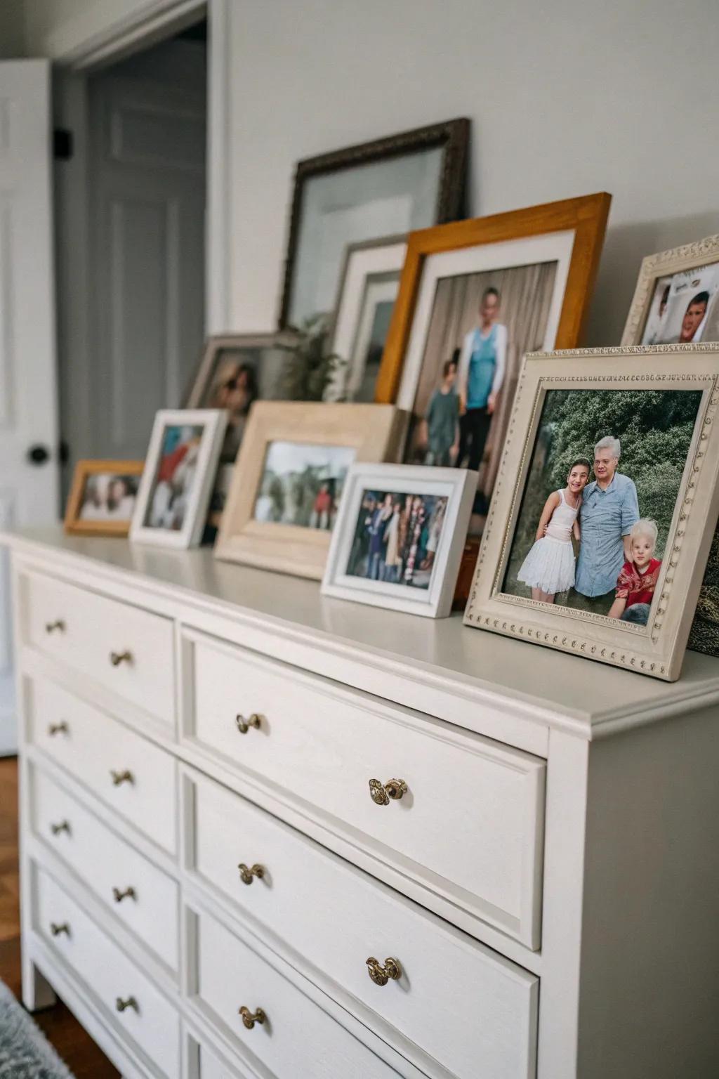 Encased portraits compose a personal exhibition atop your dresser.