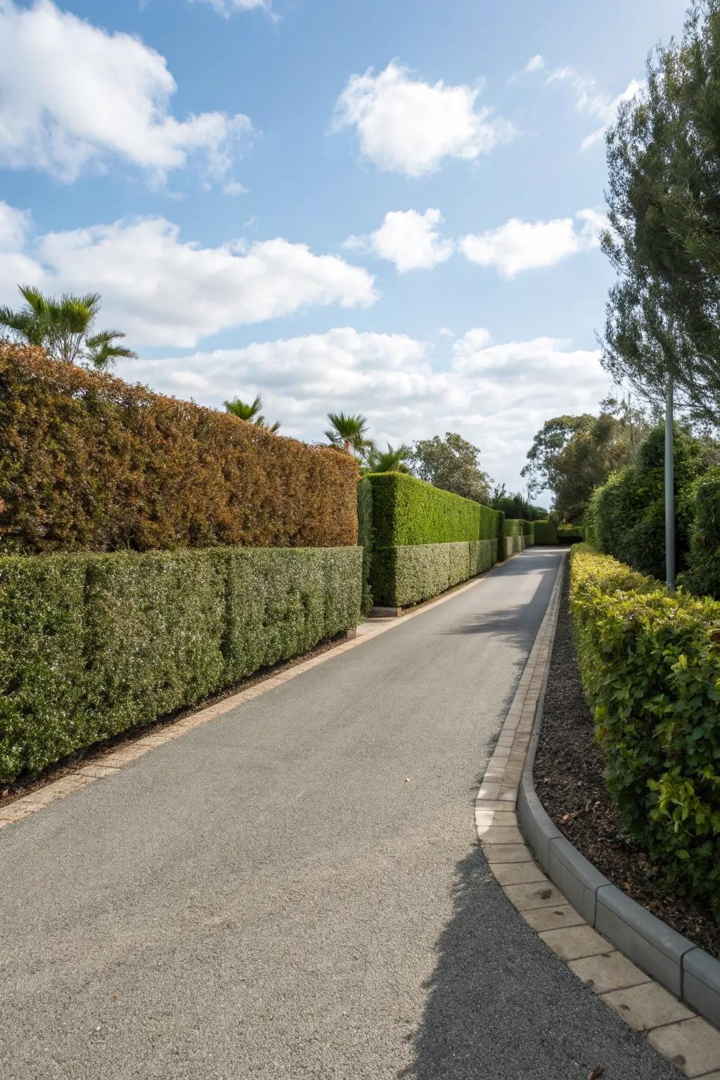 Eco-friendly hedges providing sustainable beauty beside a driveway.