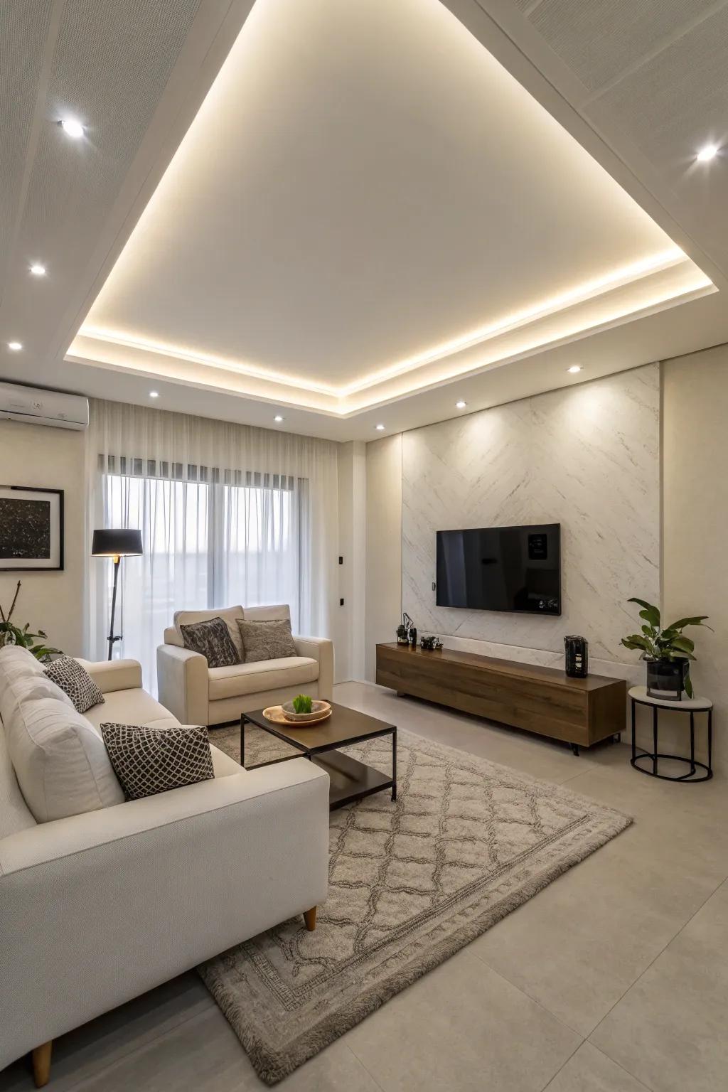 Monochrome lighting emphasizes the uncluttered lines in this family room.