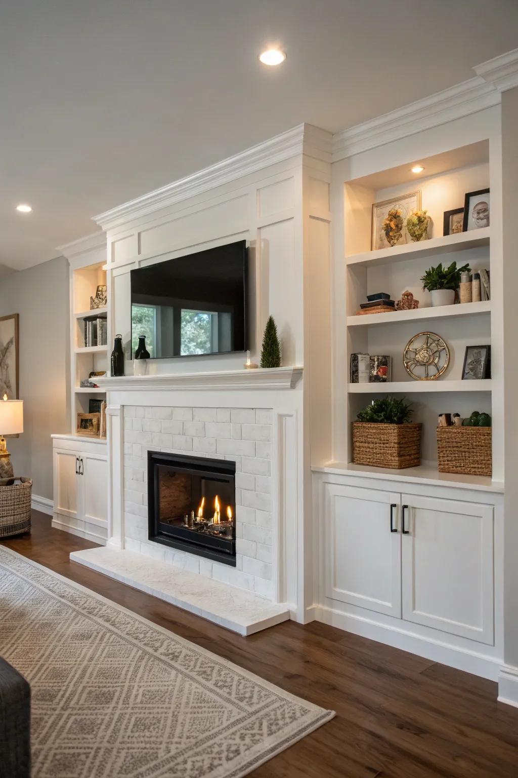 Hidden storage keeps the area around a sheetrock fireplace neat.