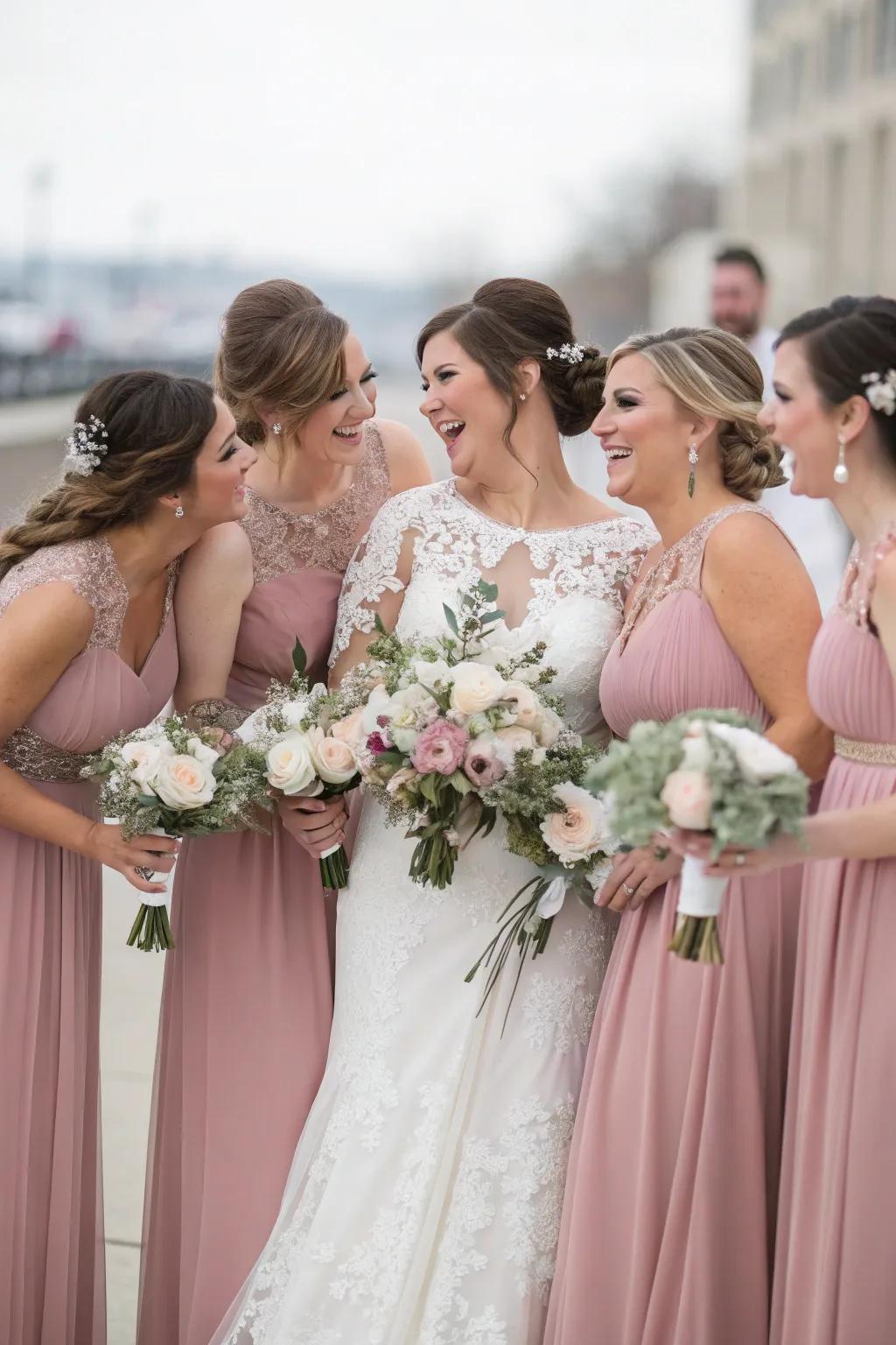 Wedding party in elegant soft blush attire.