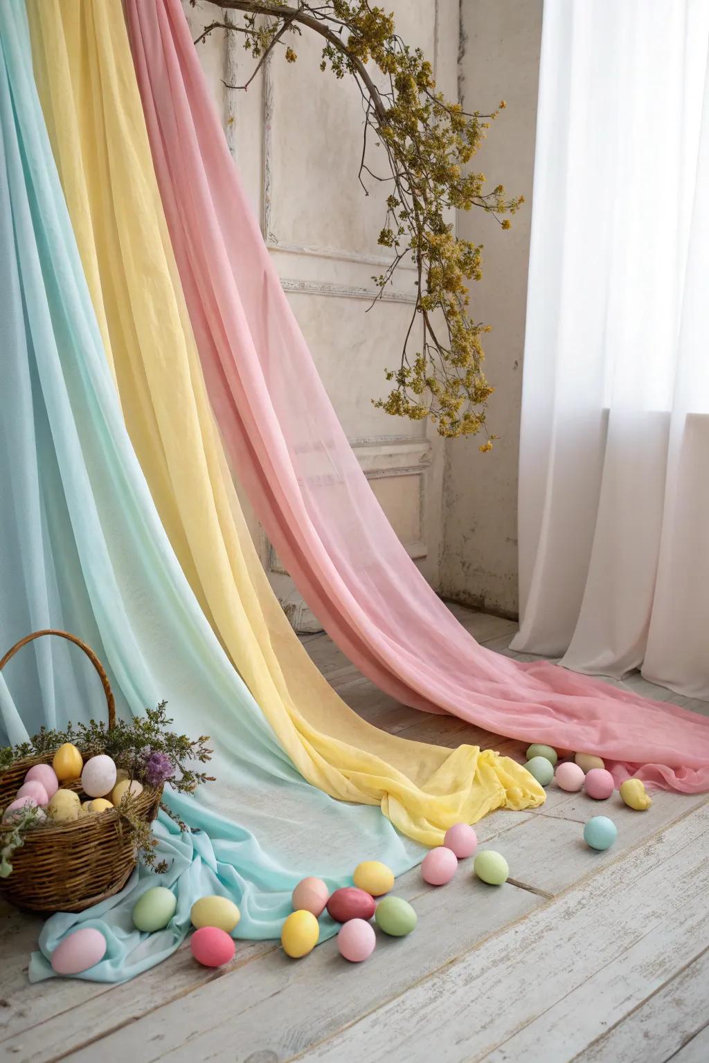 Soft pastel drapery creates an elegant and serene Easter photo backdrop.