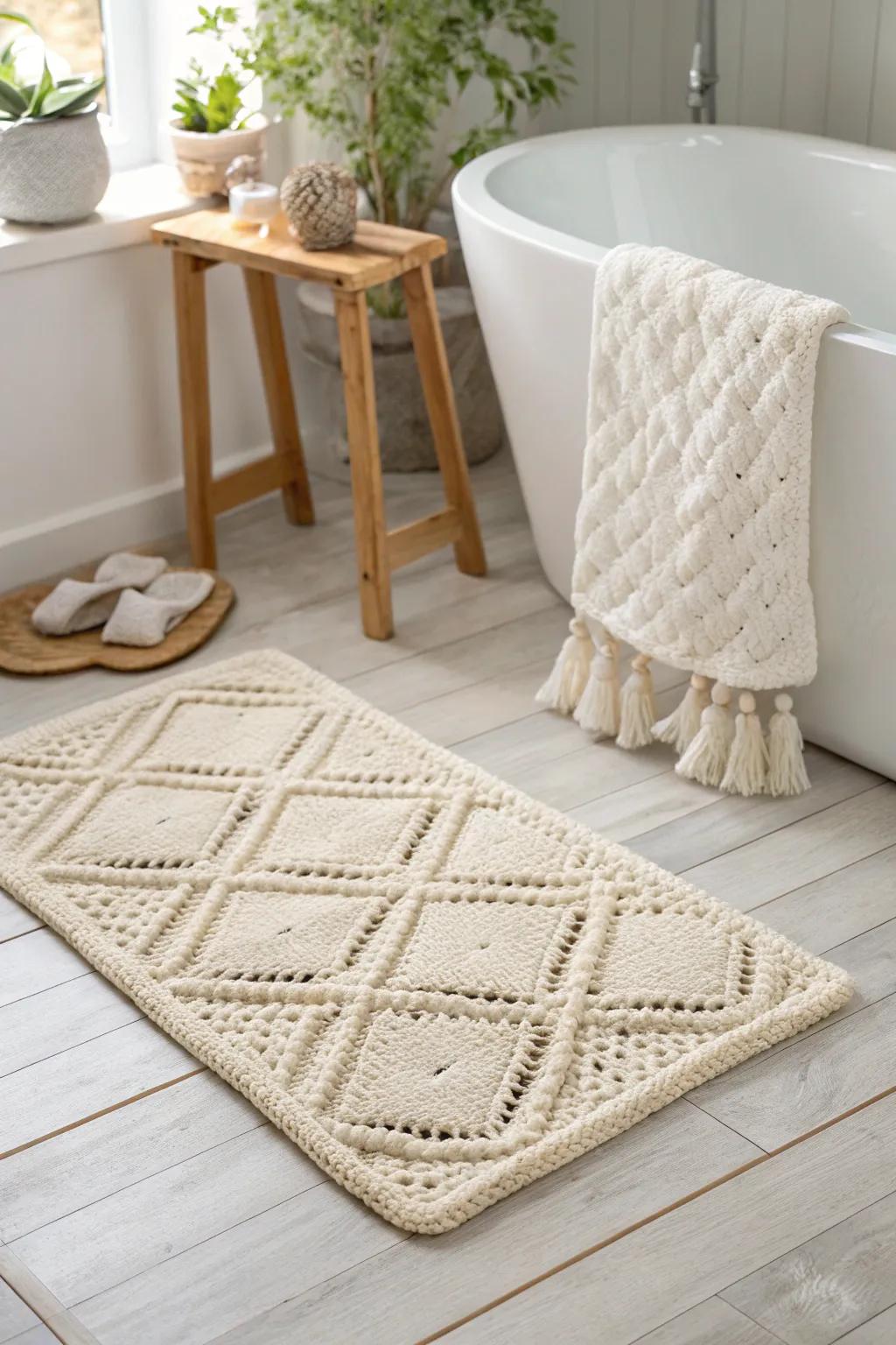 Step into opulence with a handcrafted crochet shower mat, where simplicity intertwines with class.