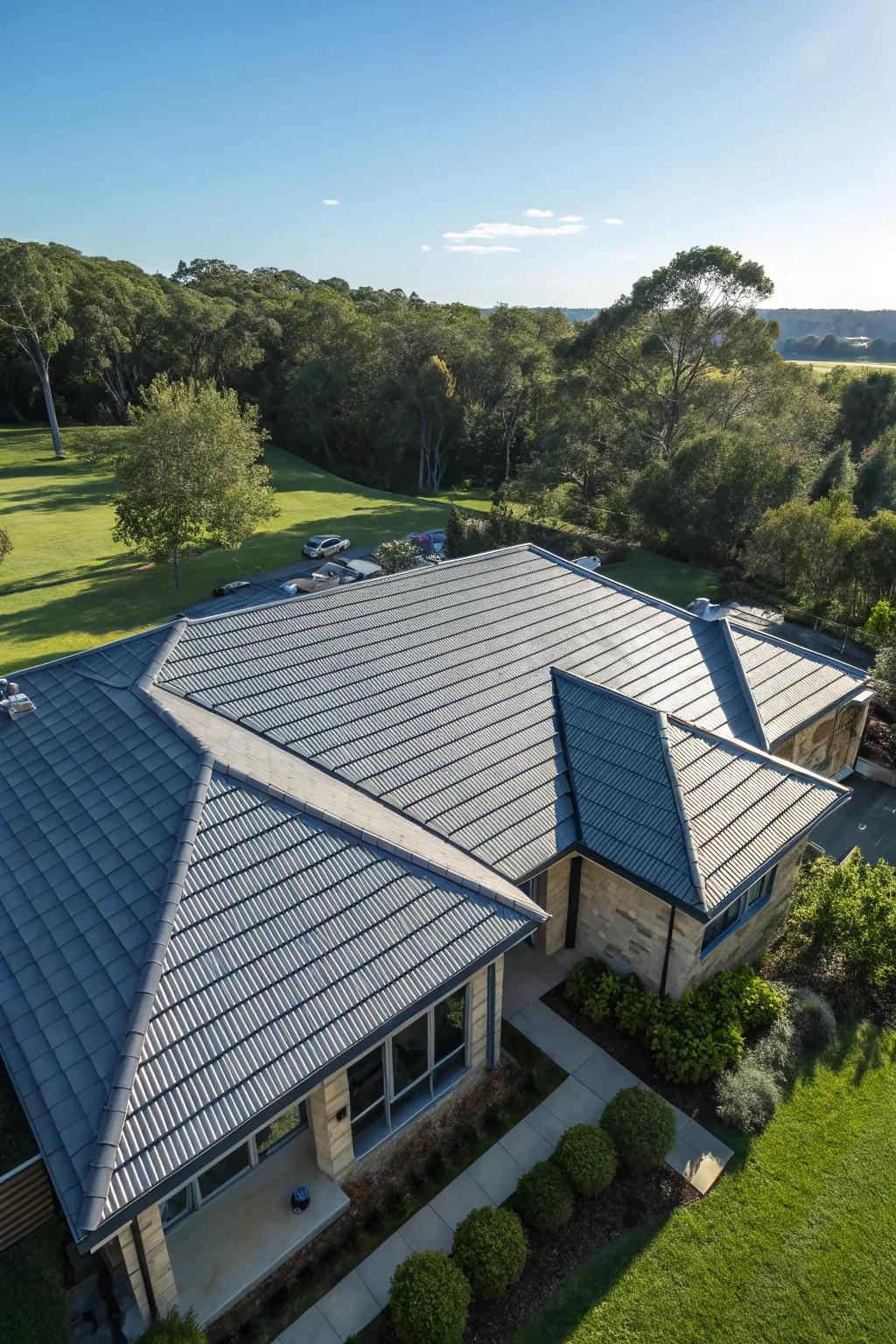 An aerial perspective showcasing a house equipped with energy-efficient cool roof tiles.