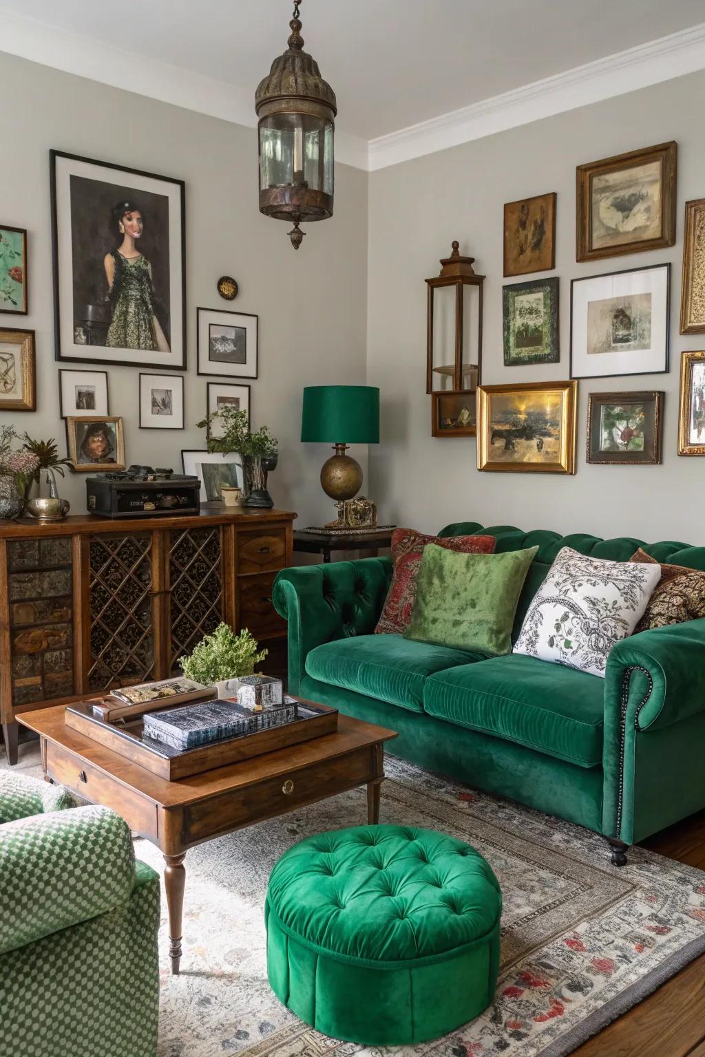 Eclectic accessories bring personality to forest hue decor.