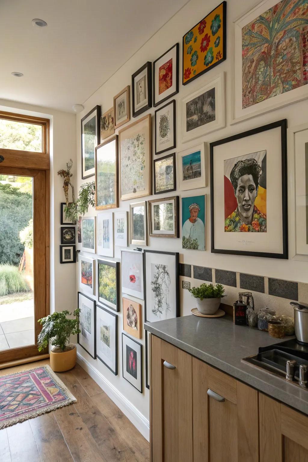 Collections of images inject personalization and art into a cooking space.