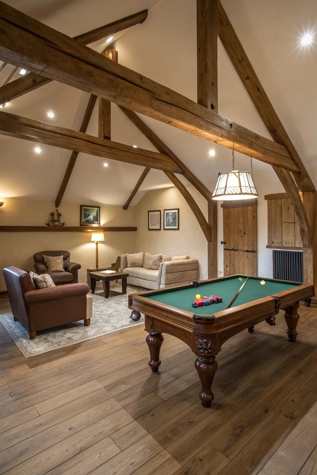 Transform your attic into a sophisticated billiards room, ideal for relaxation and play.