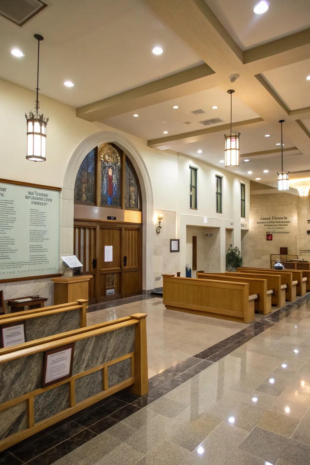 Designated zones enhance functionality in the church foyer.