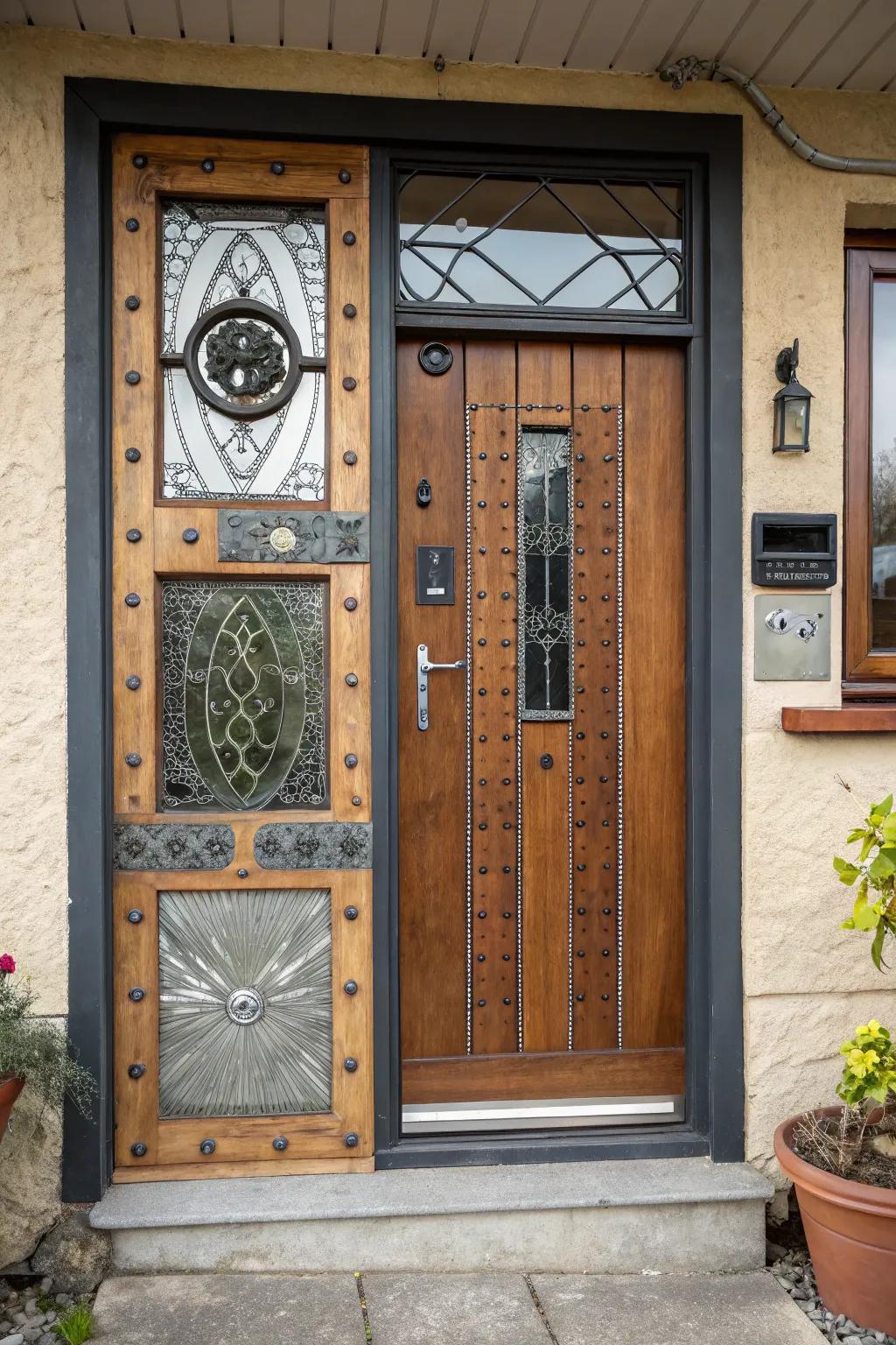 An eclectic front door combines various styles and materials.