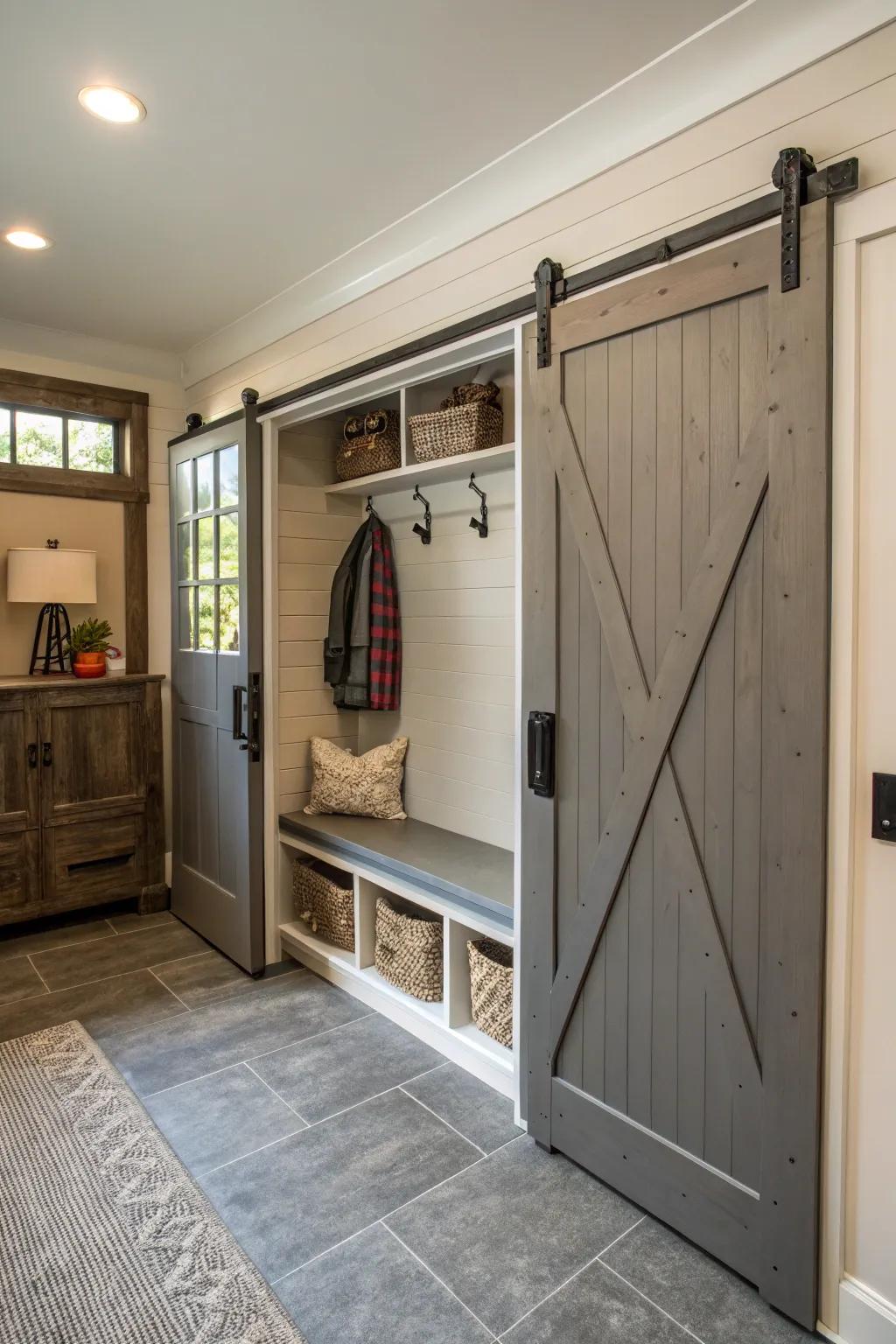 A sliding door delivers fashionable demarcation for this mudroom.