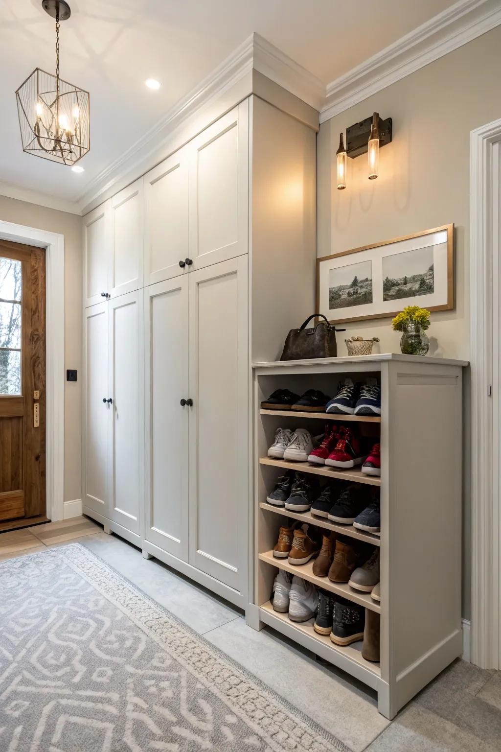 Hidden footwear storage helps maintain a pristine appearance in your entryway.