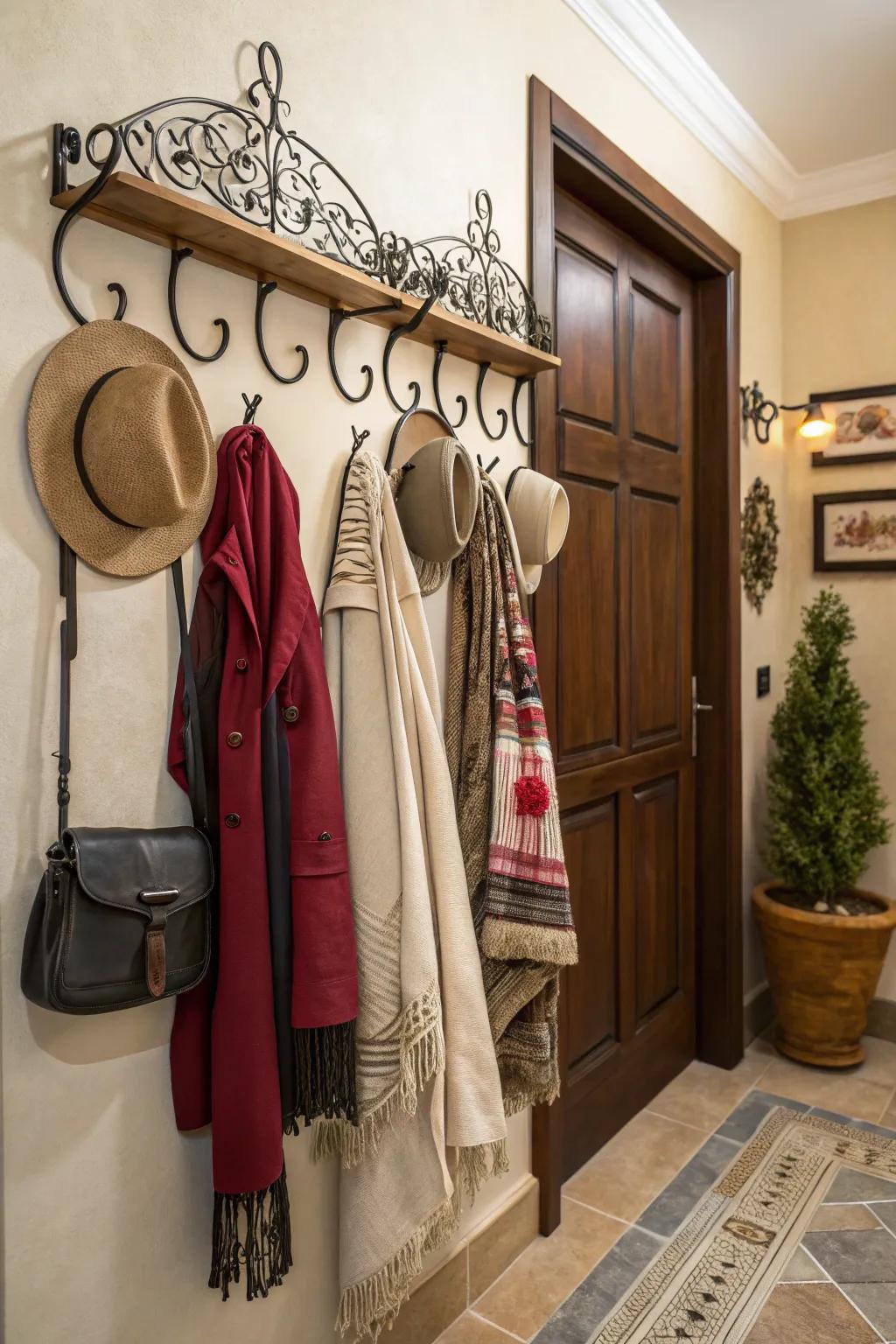 Ornamental hangers merge functionality and style in the entryway.