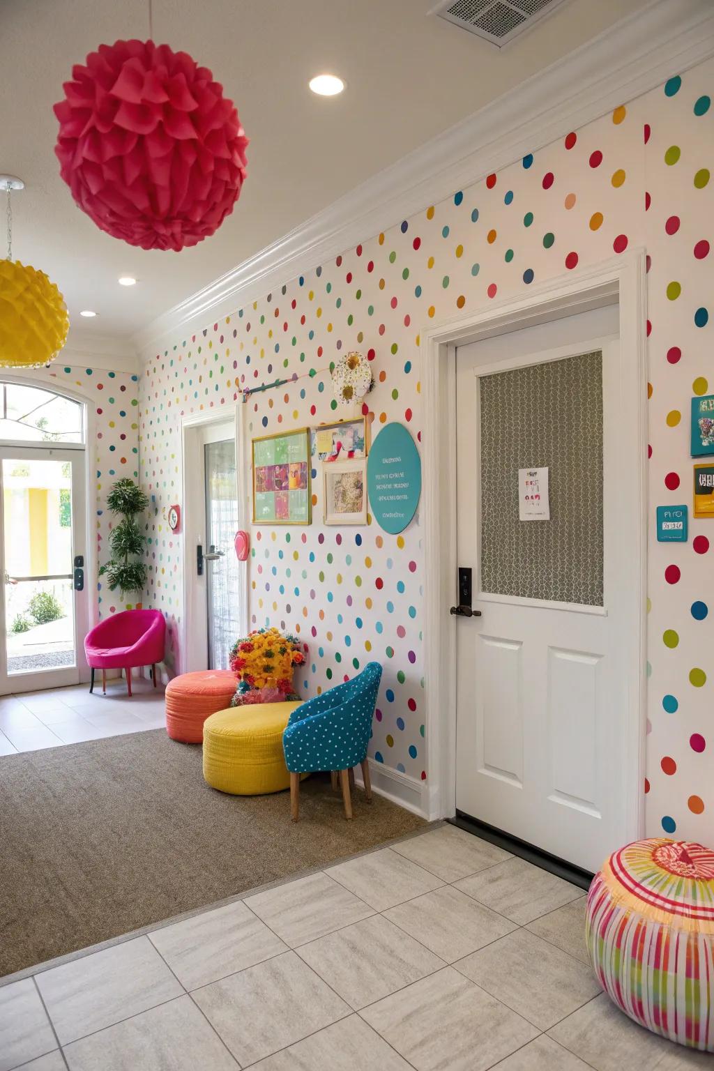 A cheerful entryway showcases playful polka dot wallpaper, radiating a whimsical charm.