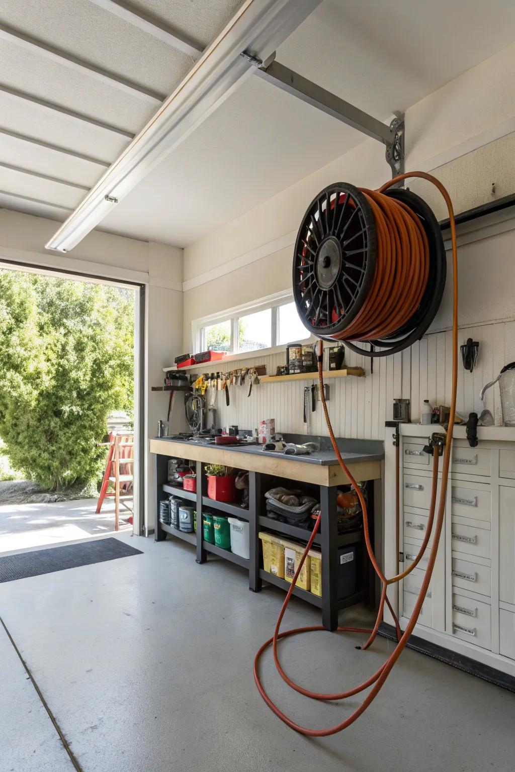Ceiling-mounted reels offer a tidy and accessible storage solution.