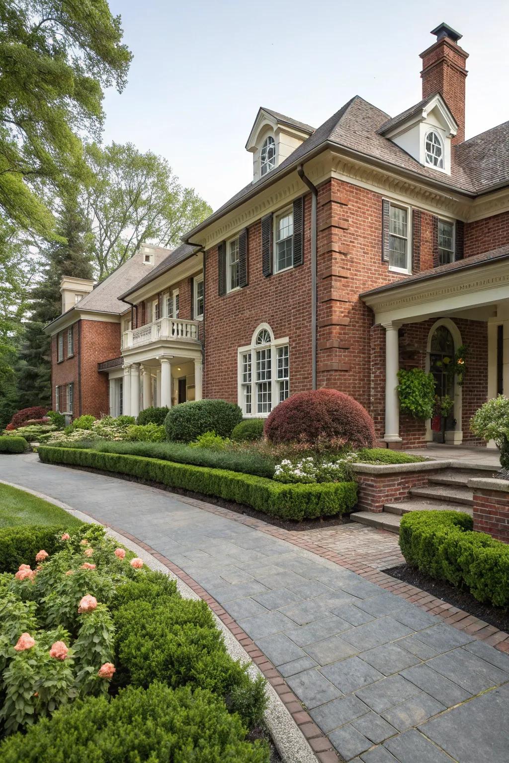 Ivory trim adds elegance to crimson brick.