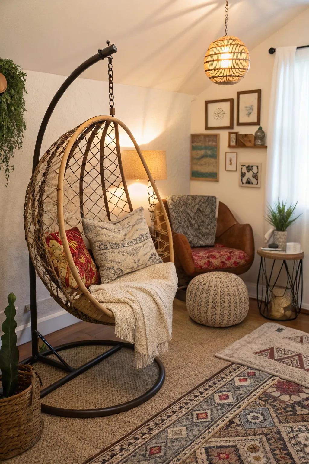 Hanging chairs offer a whimsical and inviting seating option.