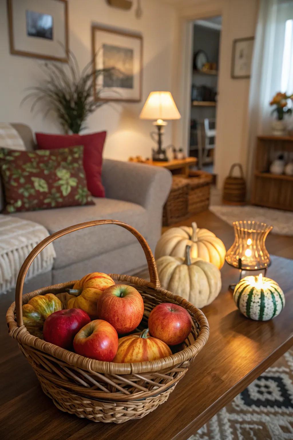 A harvest-themed basket celebrates the fall season's abundance.
