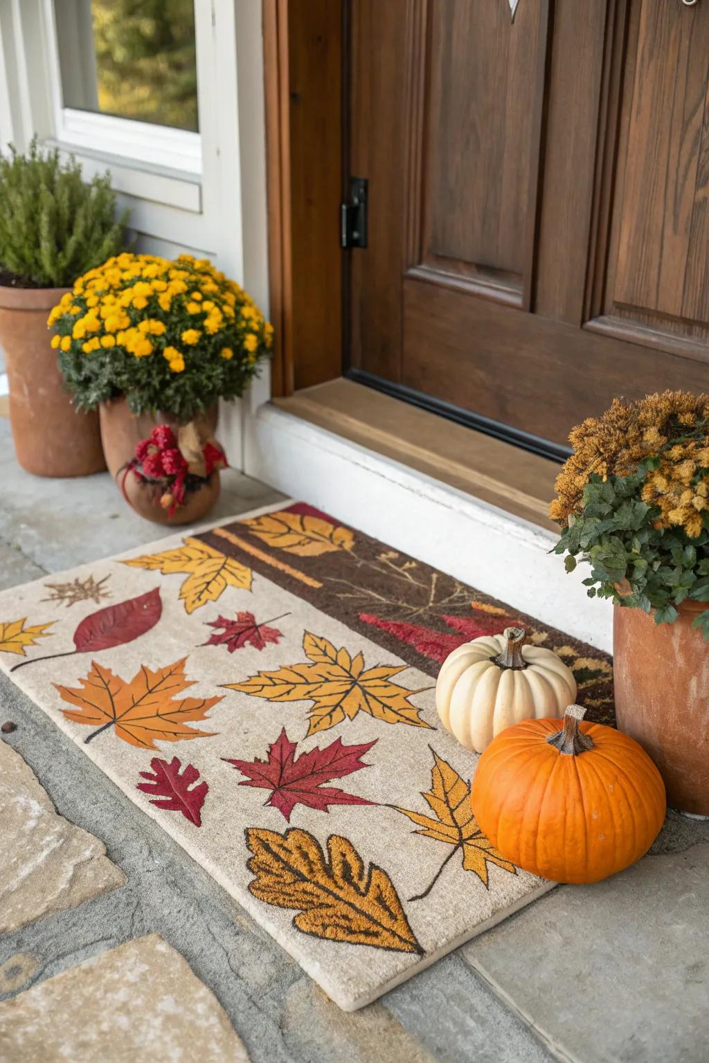 A celebratory foot wipe welcomes visitors to a fall-themed home.