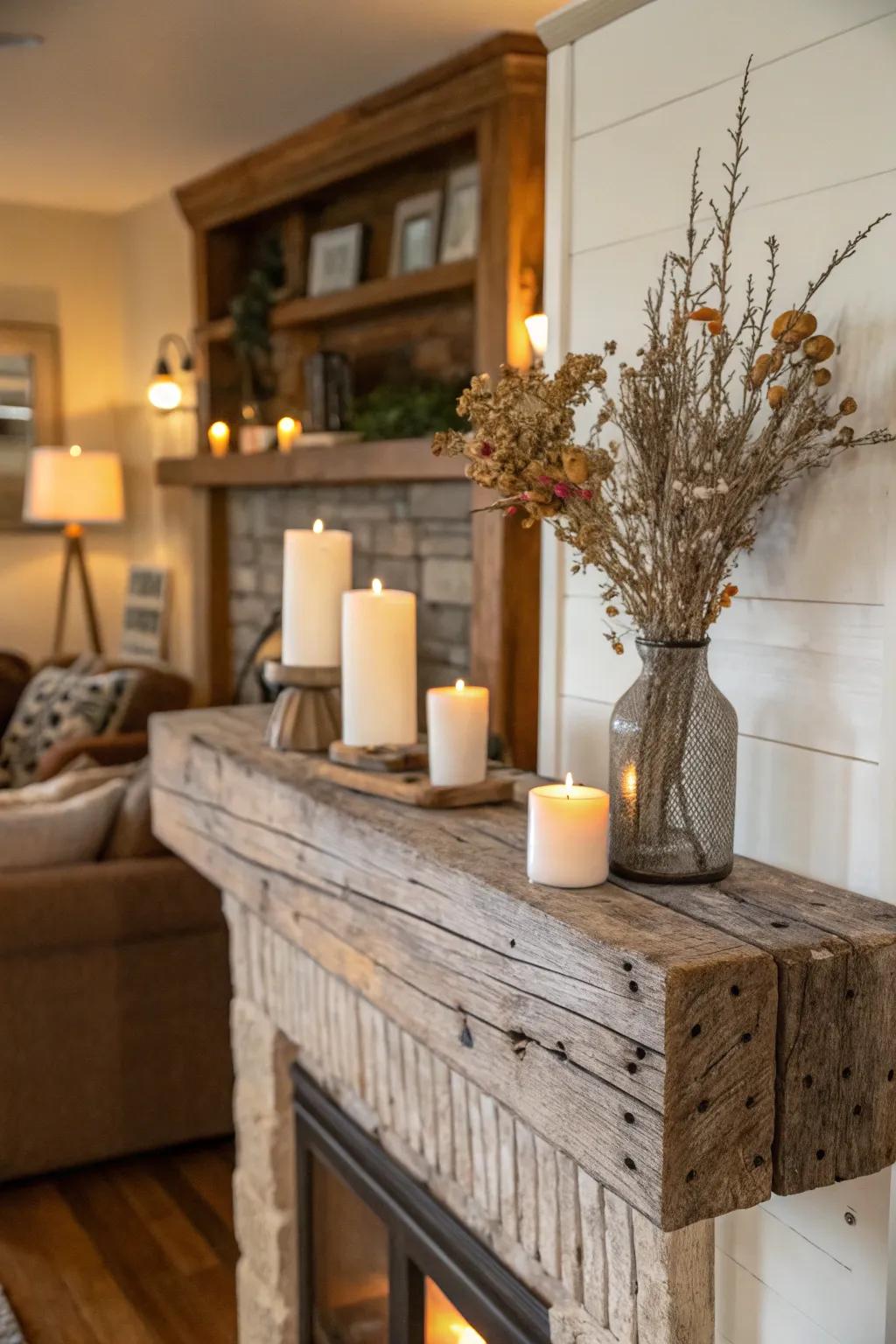 A fall mantel featuring country-style wooden accents.