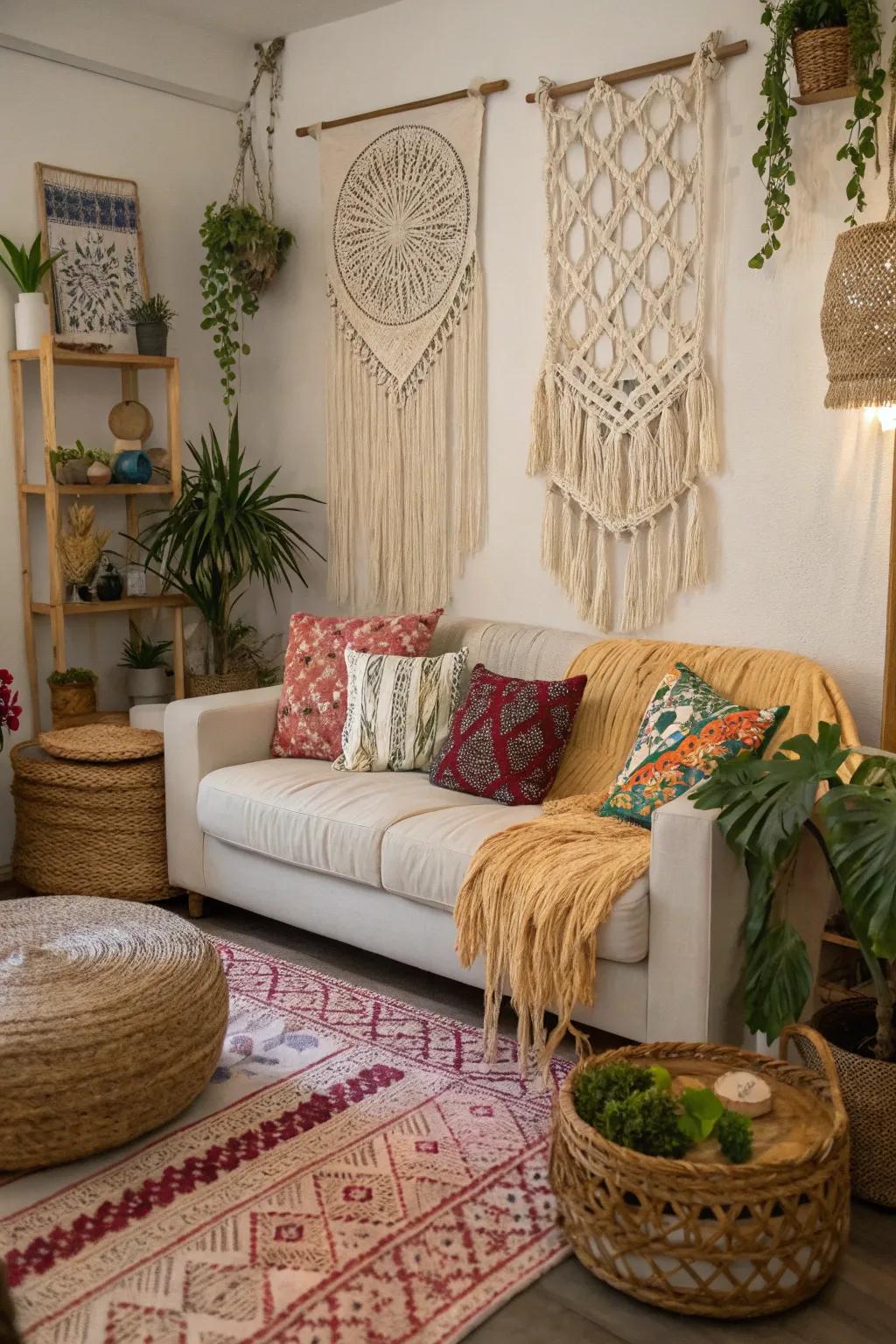 Boho-inspired pillows add an artistic touch to your home.