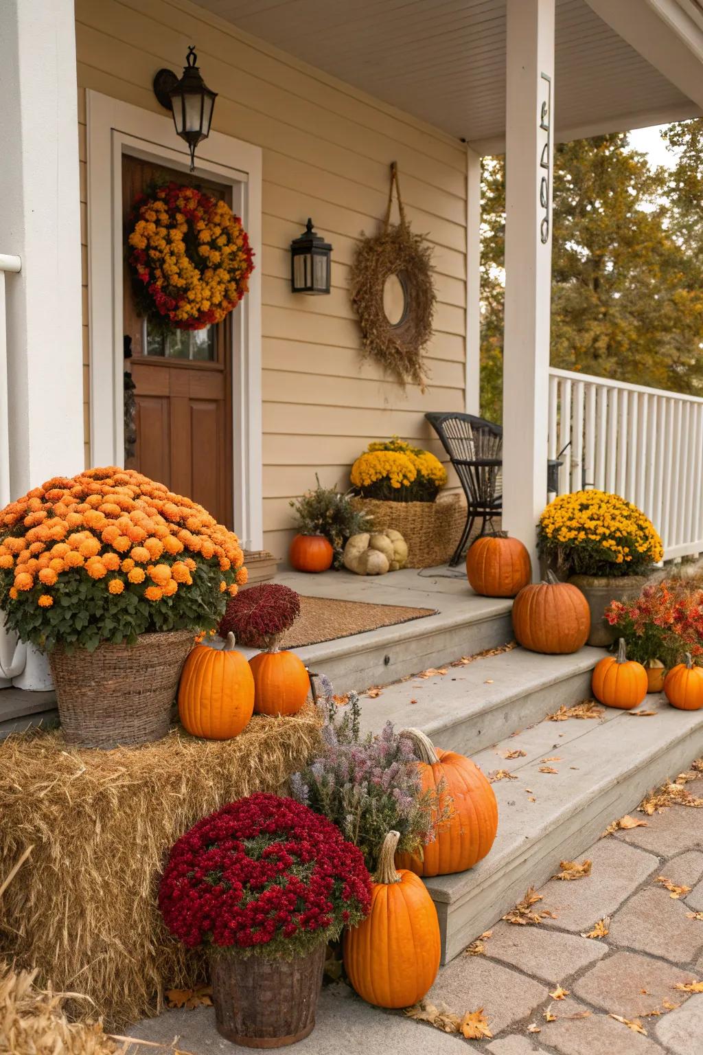 Pumpkin planters offer a creative and functional twist to porch decor.