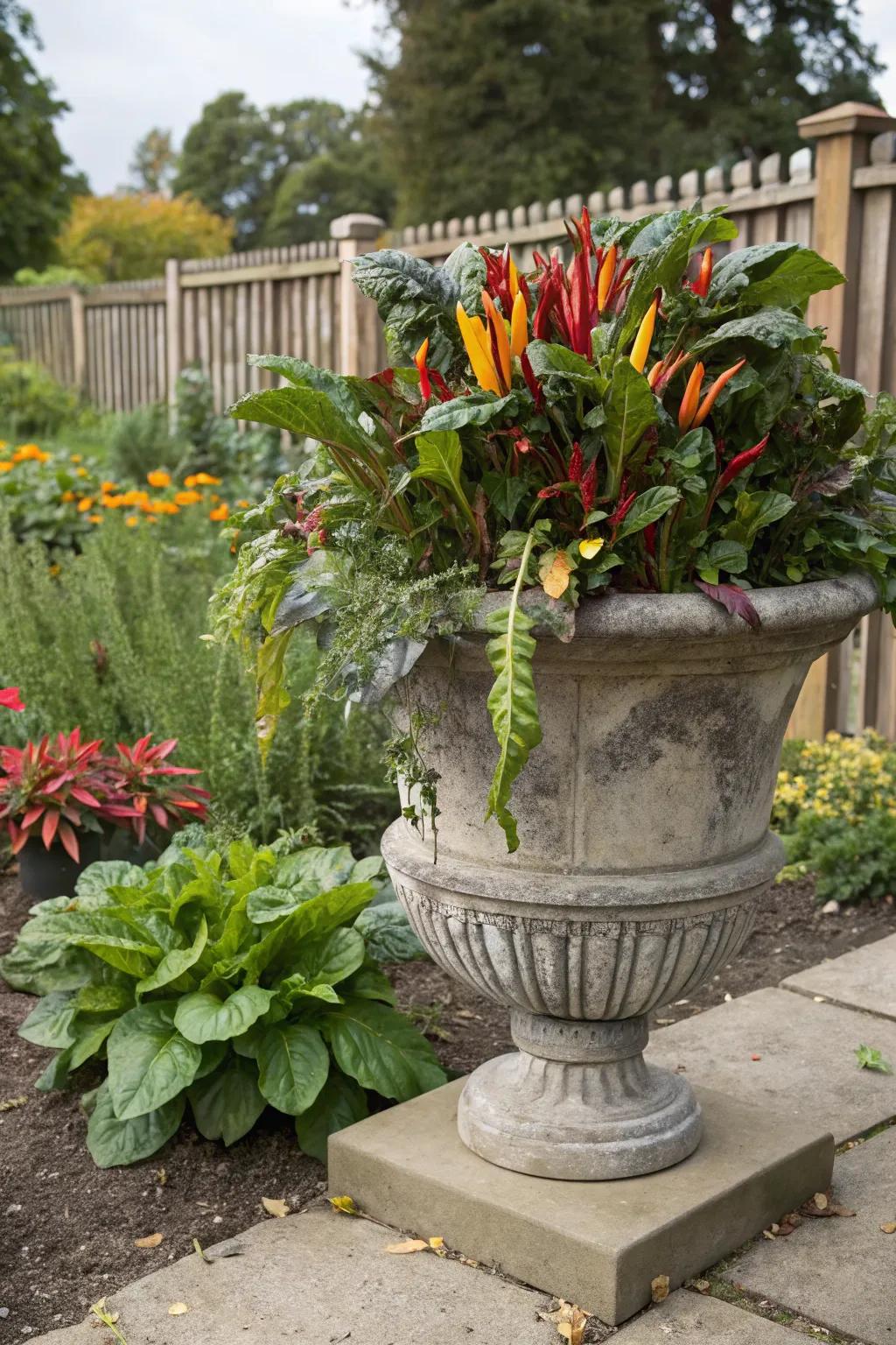 Vibrant edibles within an autumnal pot display.