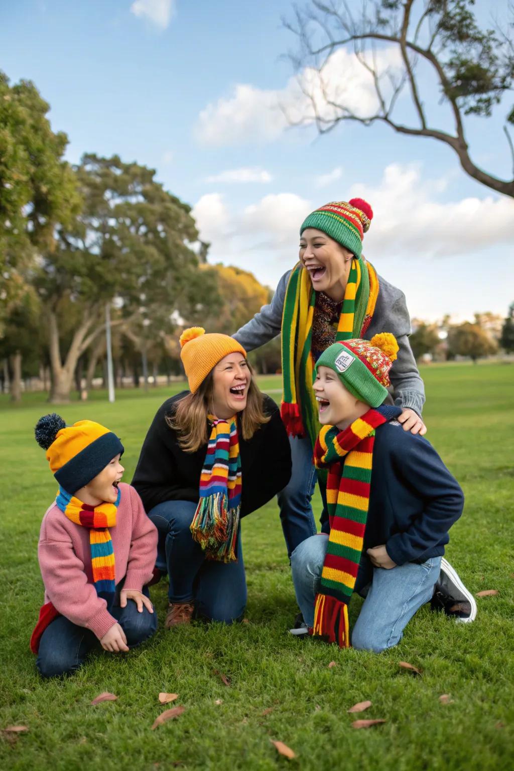 Scarves and hats enhance fall family photos with a touch of color and character.