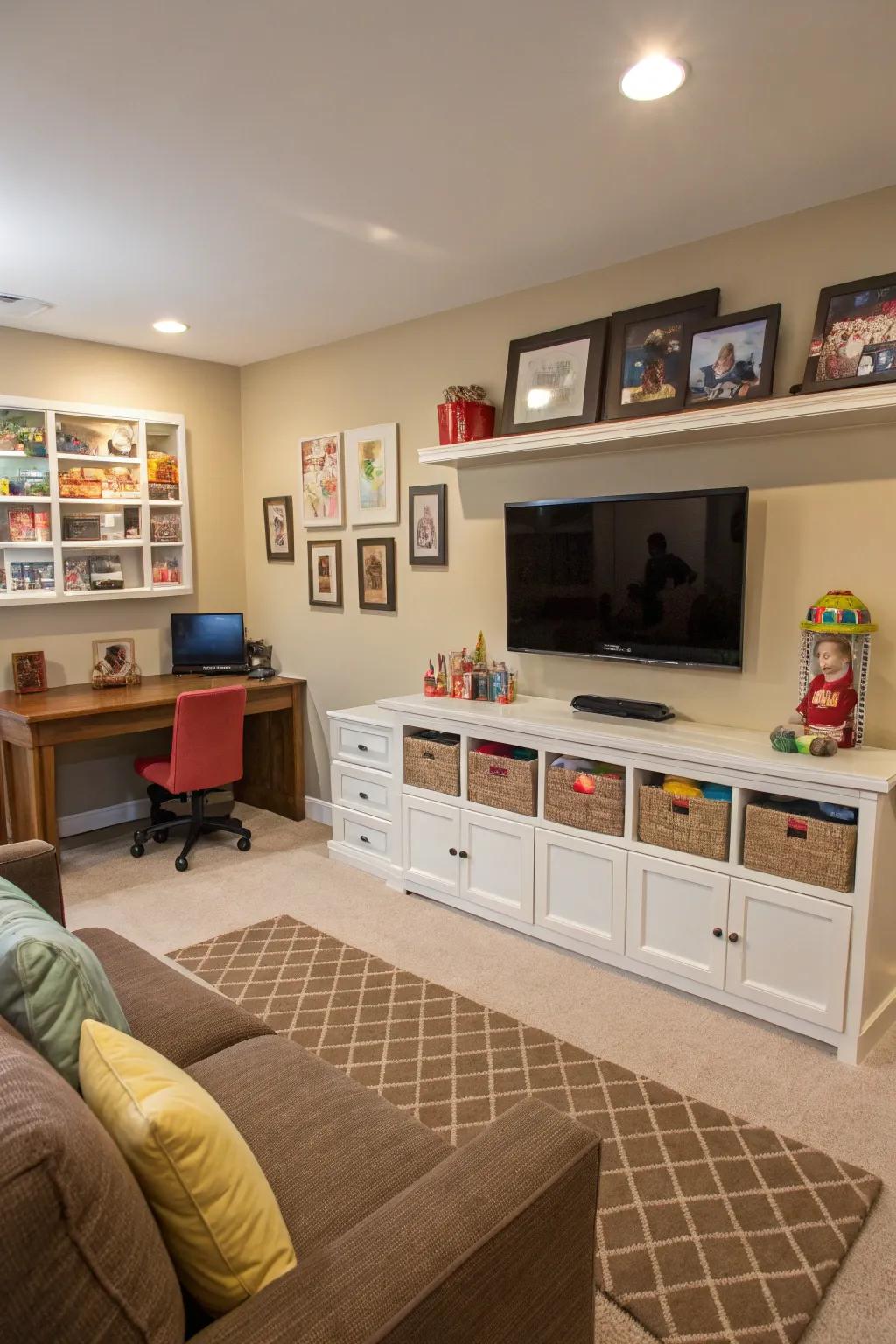 A multi-functional area integrates seamlessly into the family room.