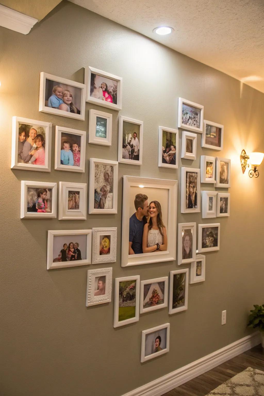 A playful heart-shaped arrangement of family portraits on the wall.