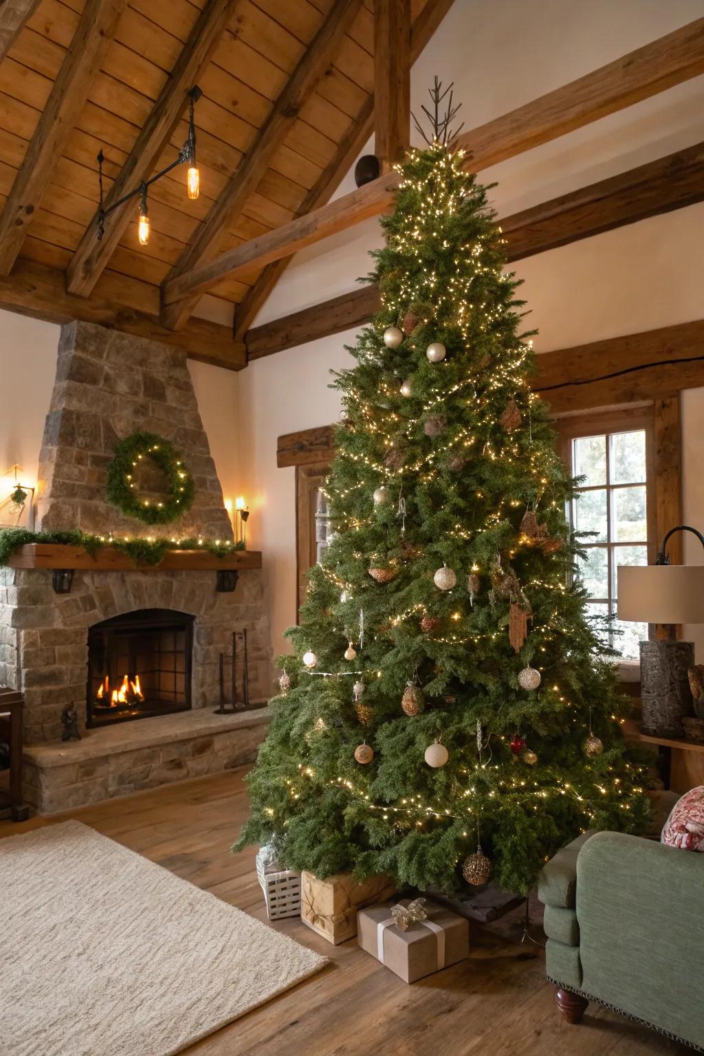 Greenery wreaths add texture and dimension to this farmhouse Christmas tree.